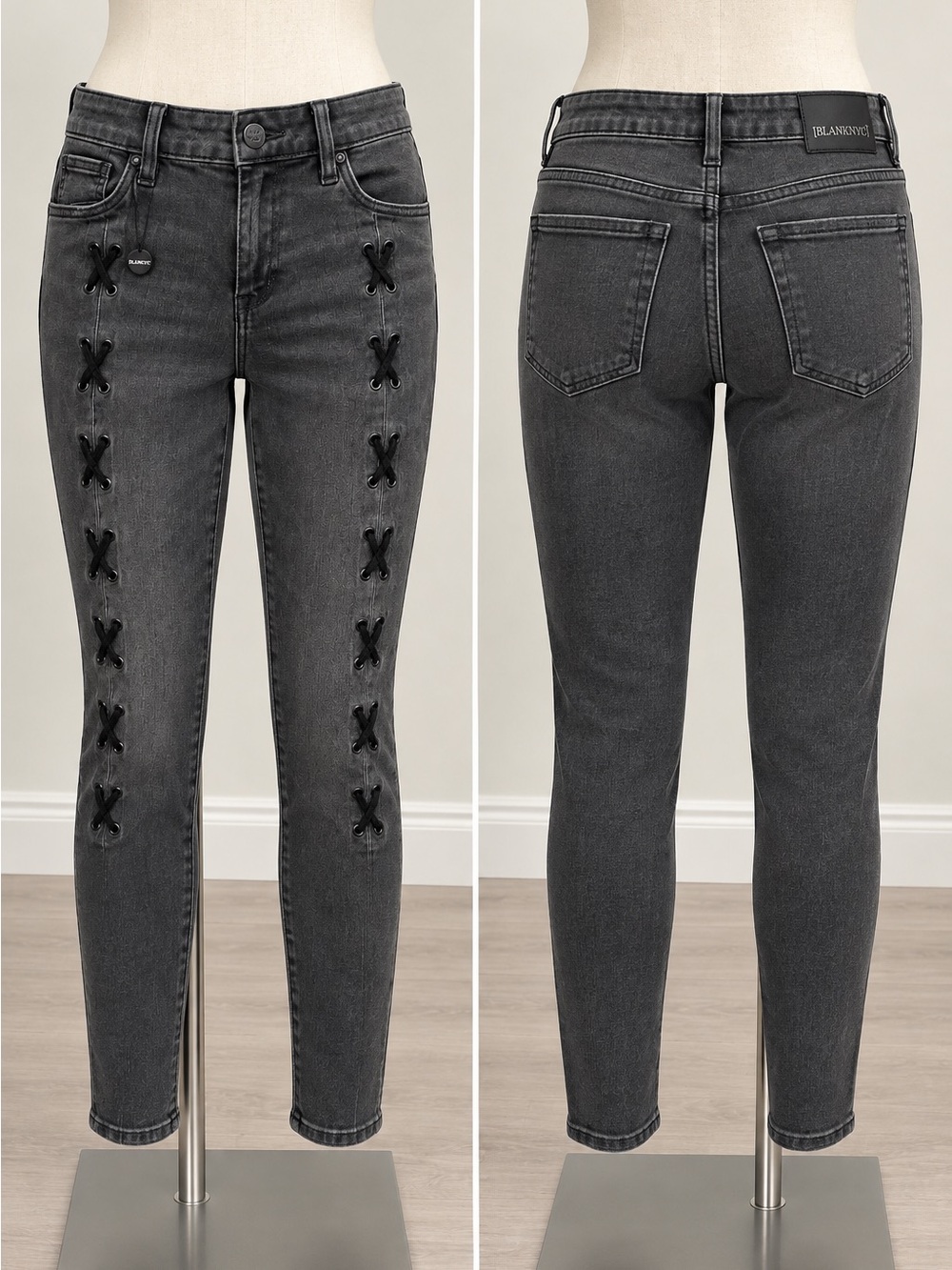 Blank NYC Black Lace-Up Skinny Jeans with Front Eyelet Detail